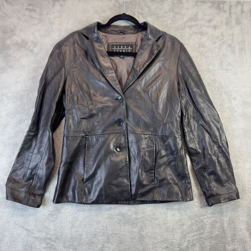 Siena Studio Leather Jacket Womens 8 Brown Button Front Pockets Career Classy